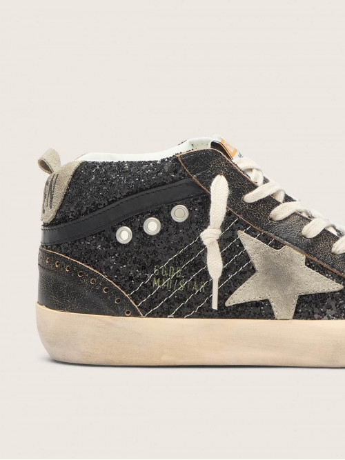 Women’s Mid Star in black glitter with dove-gray suede star and heel tab