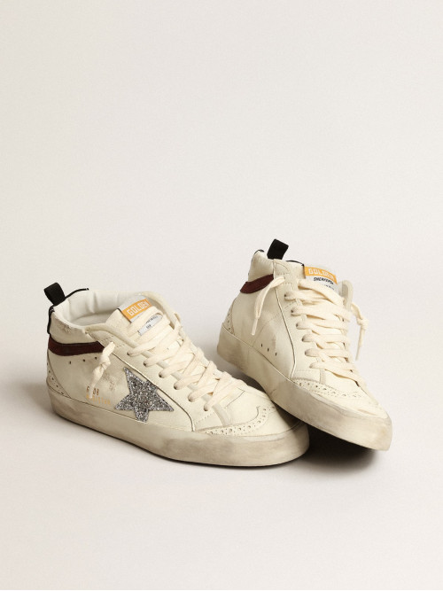 Mid Star in white nappa leather with silver glitter star