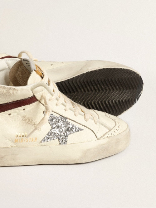 Mid Star in white nappa leather with silver glitter star