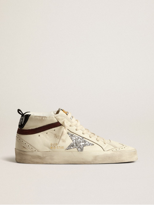 Mid Star in white nappa leather with silver glitter star