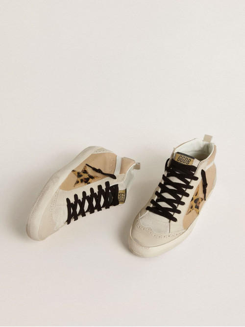 Women’s Mid Star in beige naplak leather with leopard-print pony skin star