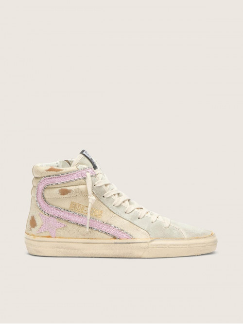 Slide  in beige with pink metallic leather star and flash