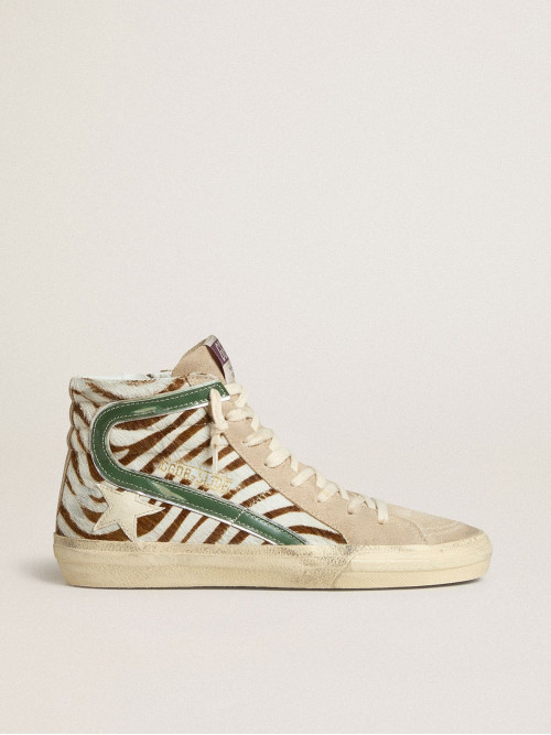 Women's Slide in zebra-print pony skin with green laminated leather flash