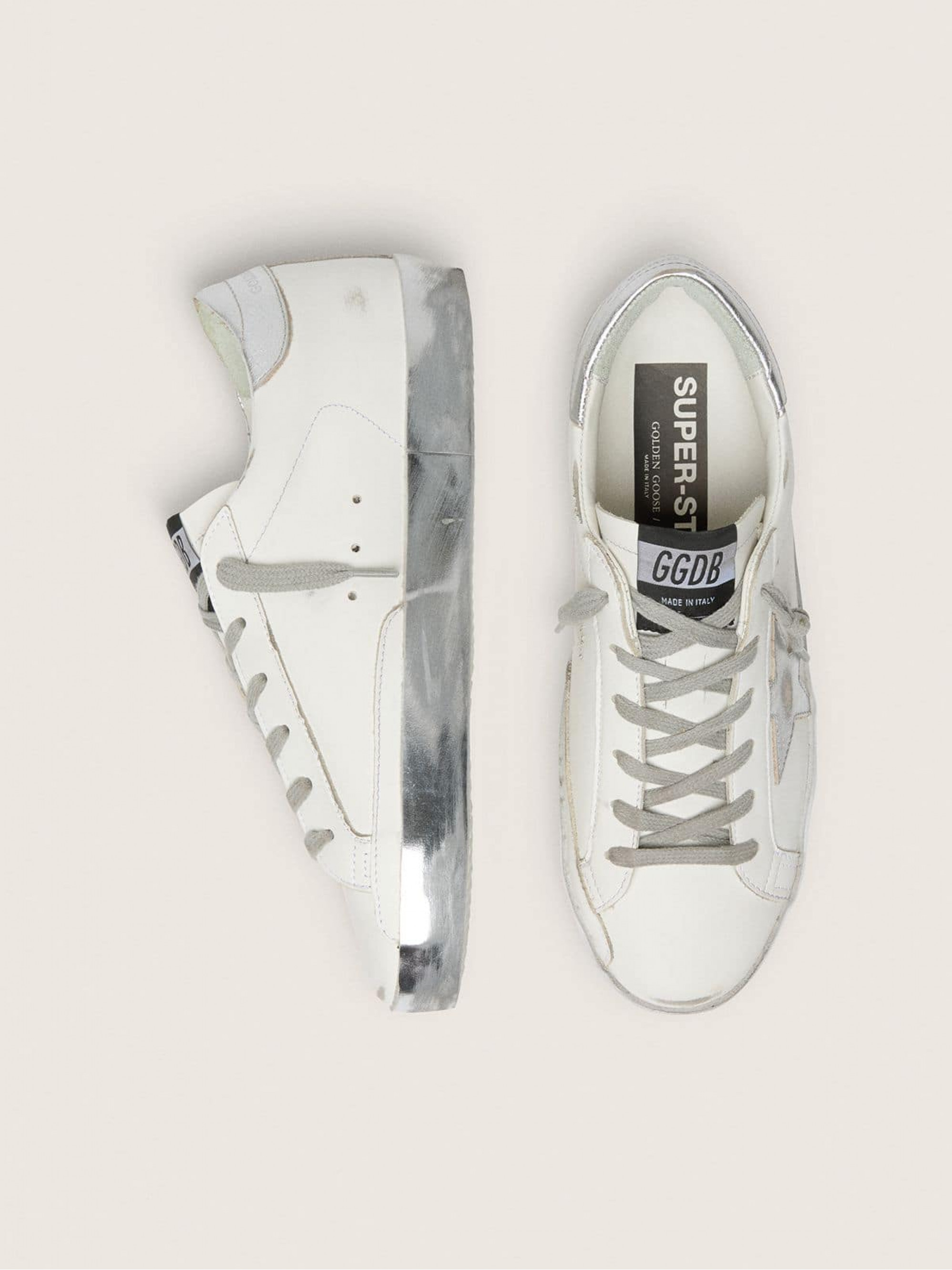 Women's Super-Star with silver sparkle foxing and metal stud lettering
