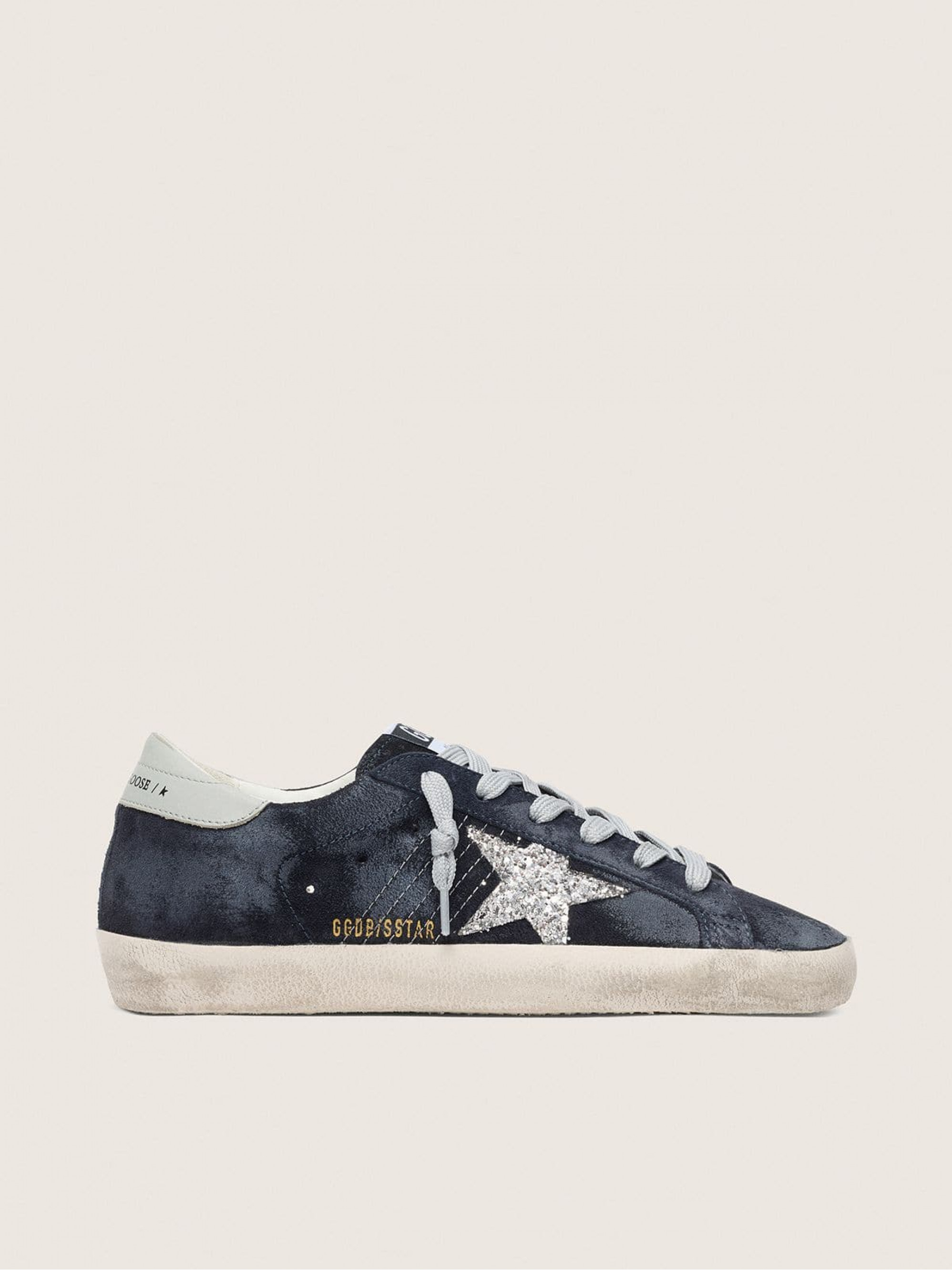 Women’s Super-Star in blue suede with silver glitter star and leather heel tab