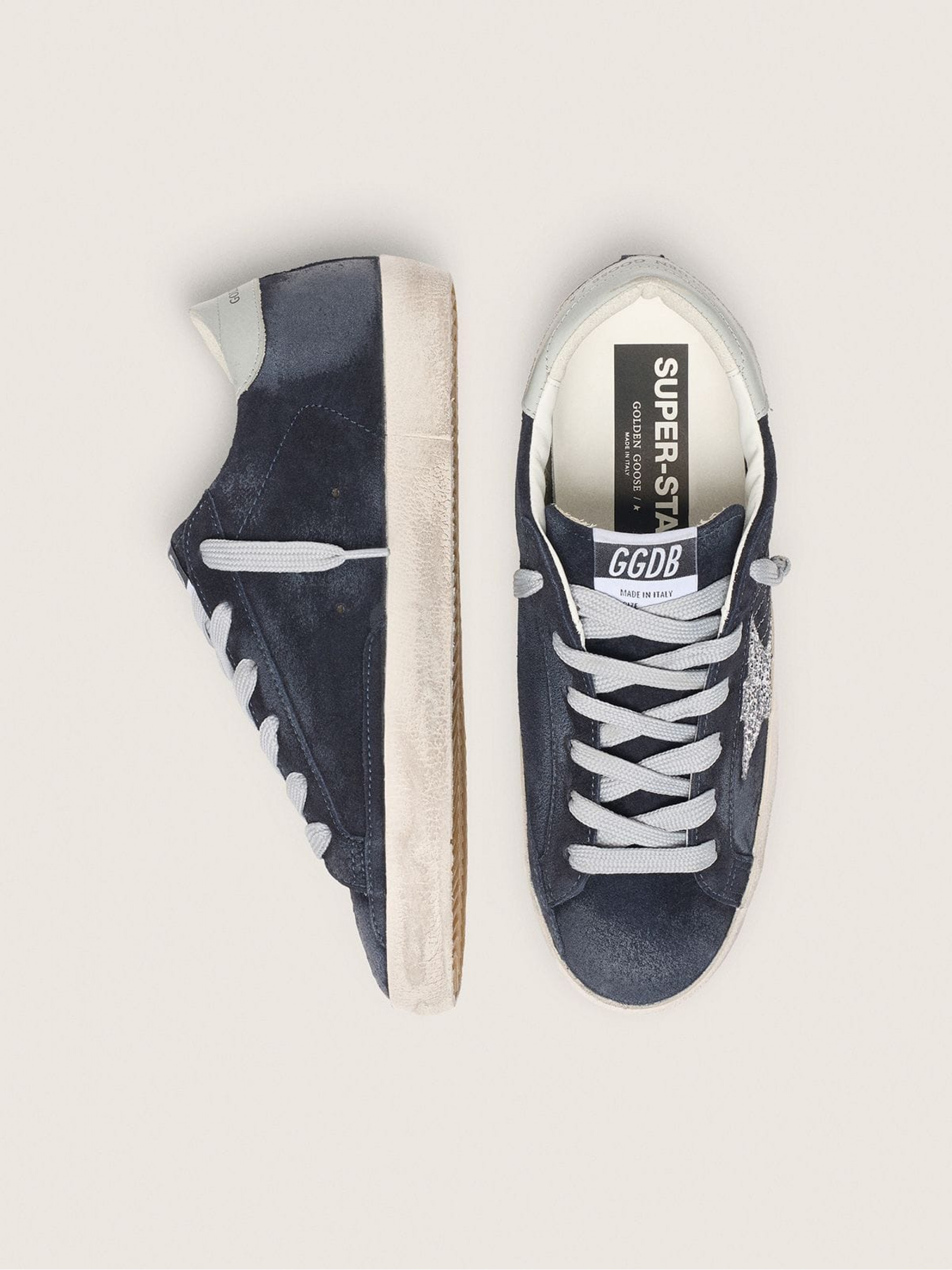 Women’s Super-Star in blue suede with silver glitter star and leather heel tab