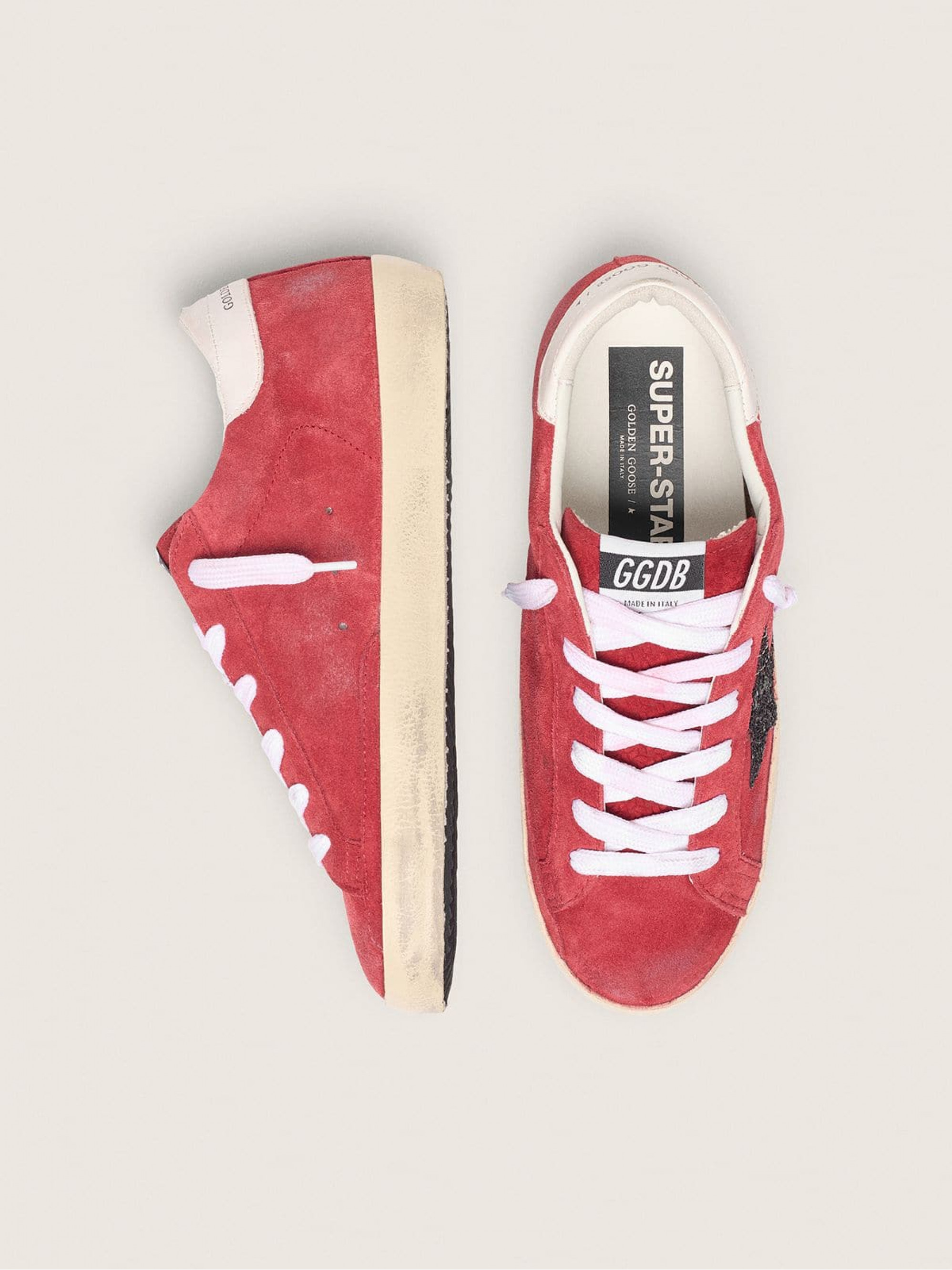 Women’s Super-Star in red suede with glitter star and white heel tab