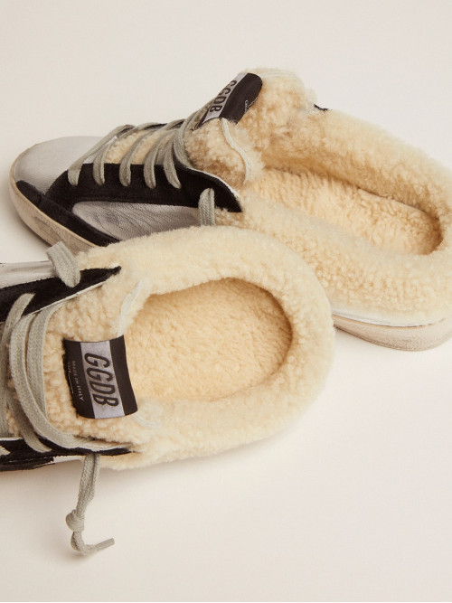 Women's Super-Star Sabot in silver laminated leather with black star