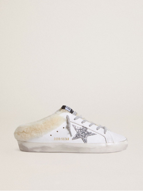 Super-Star Sabots in white leather with shearling lining and silver star