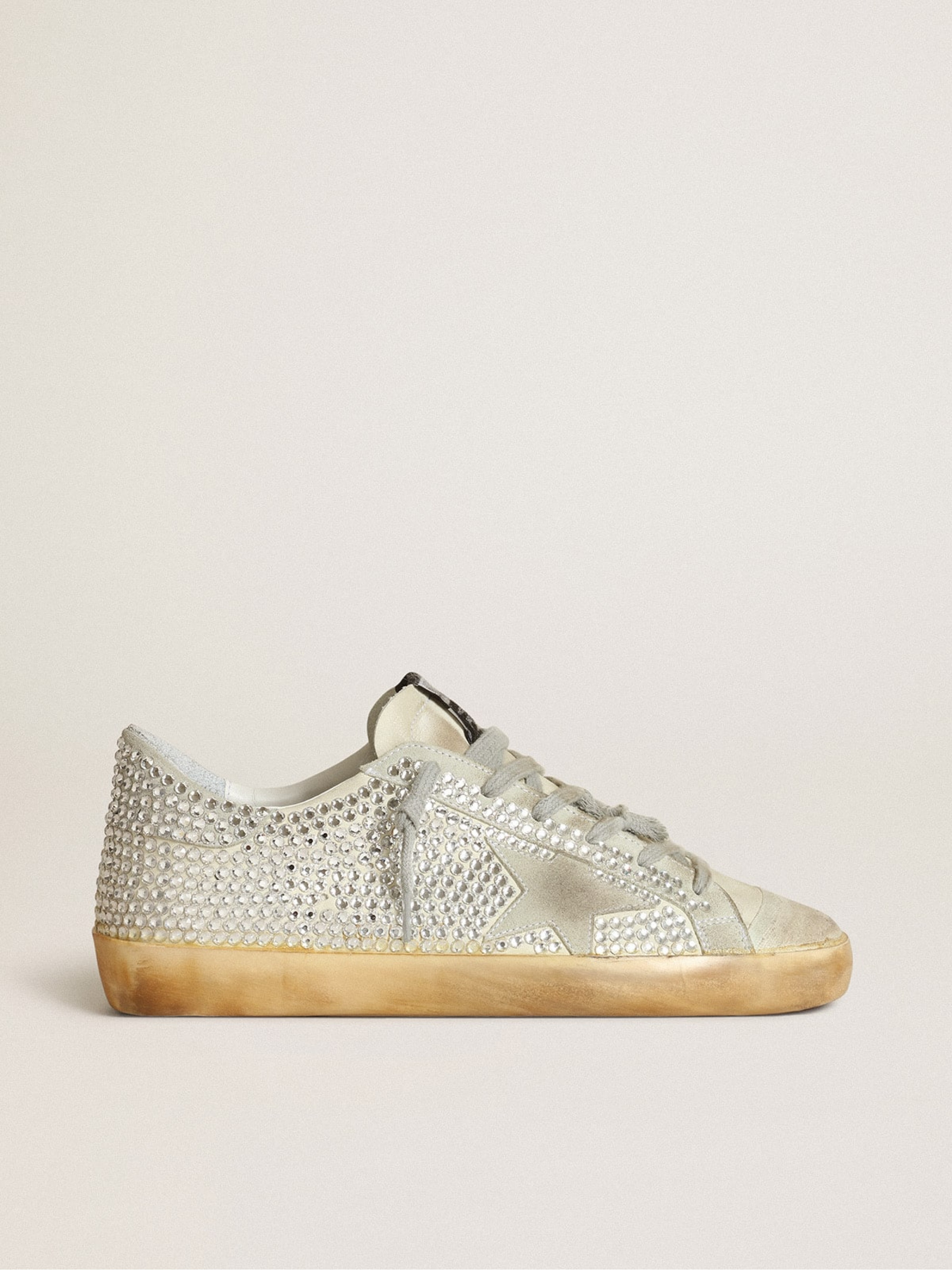 Women’s Super-Star in aged white nubuck with Swarovski crystals