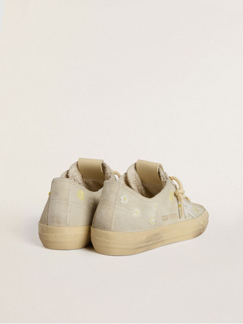 Women’s V-Star in ice-gray suede with white leather star and floral embroidery